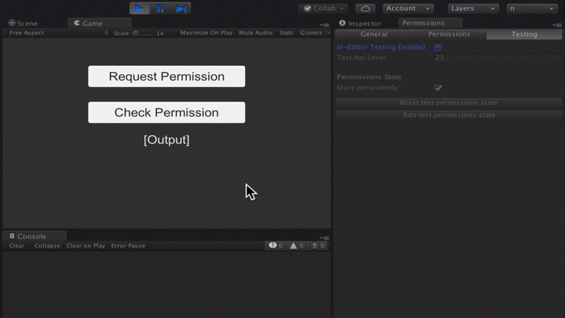 Example of permission dialogs in Unity editor after permission request
